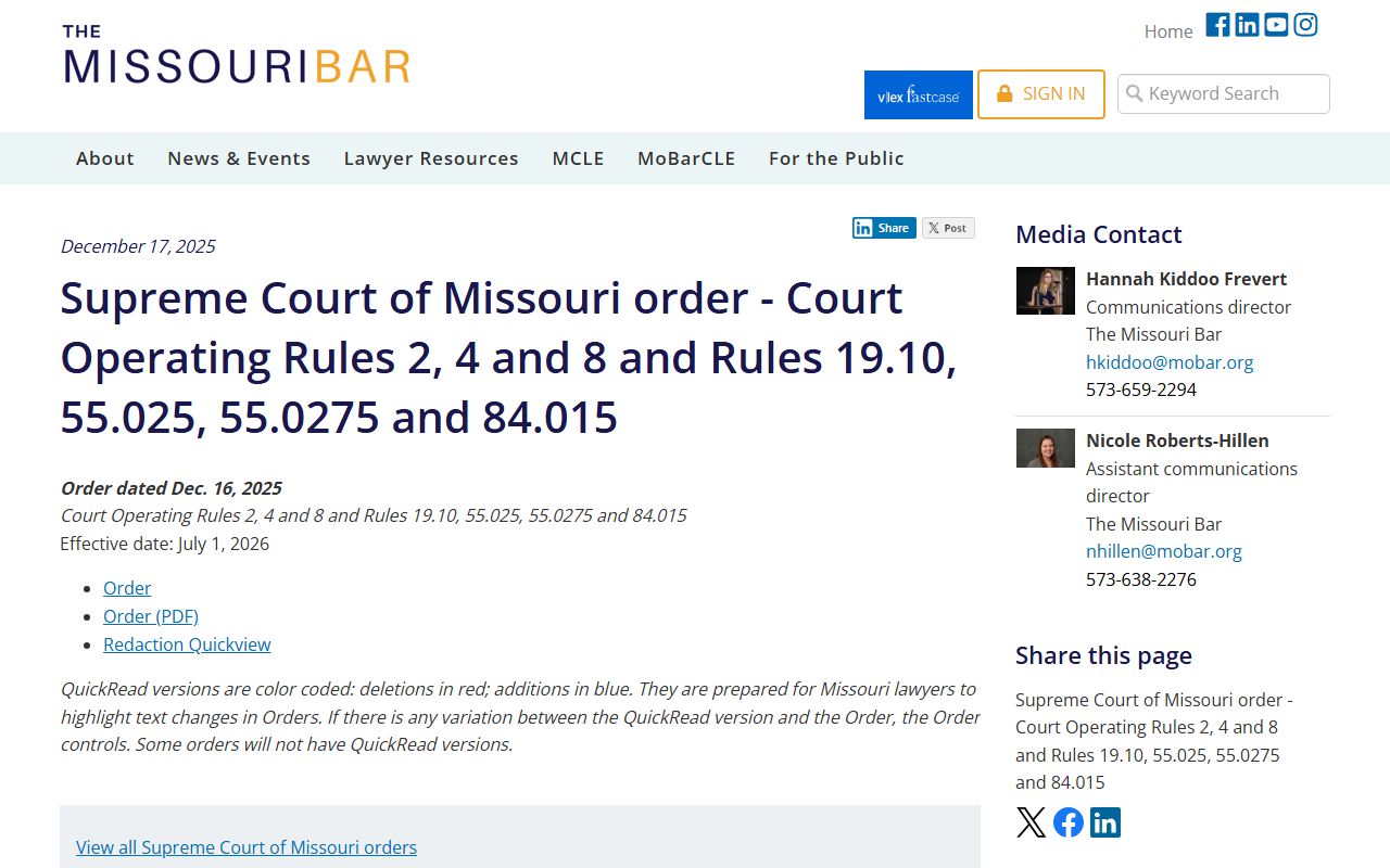 Linn County court dockets Missouri Bar notice on court operating rule revisions