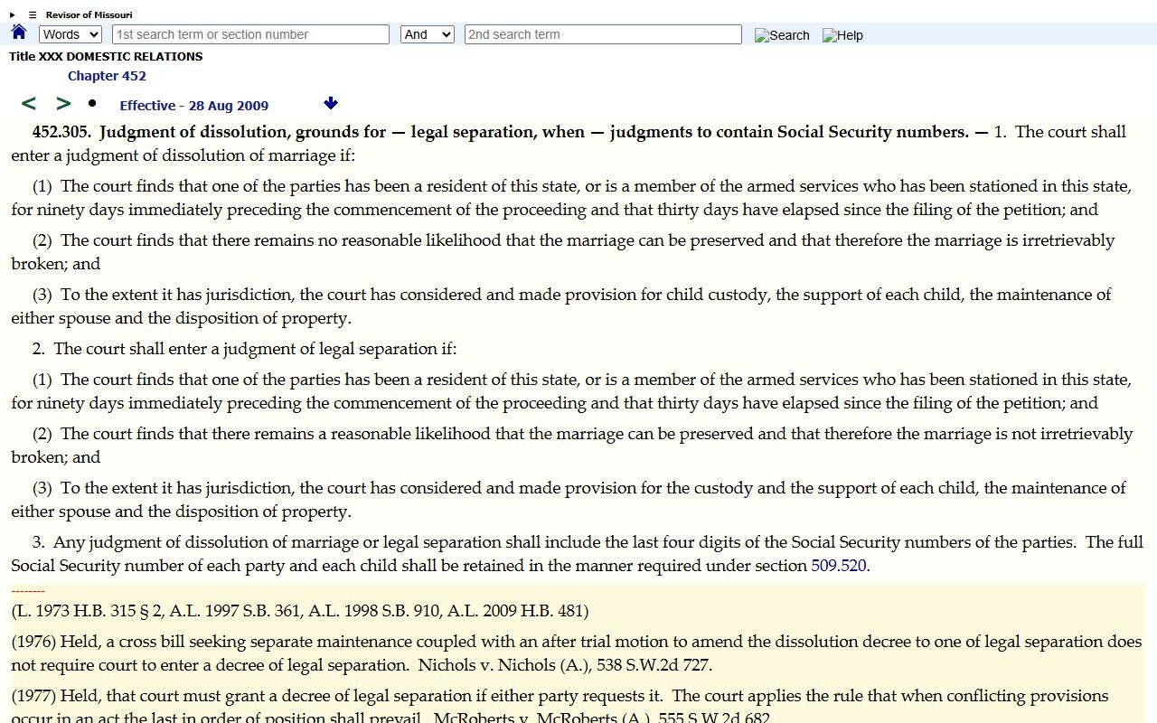 Linn County divorce records RSMo 452.305 dissolution statute