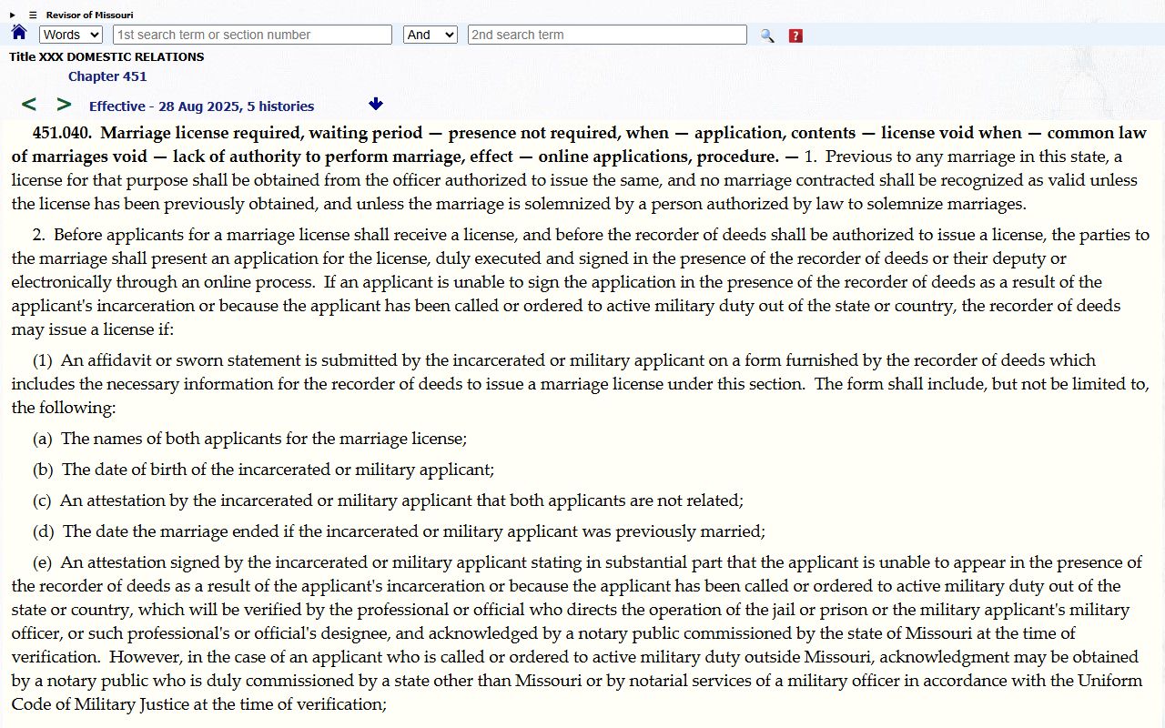 Linn County marriage records RSMo 451.040 license statute