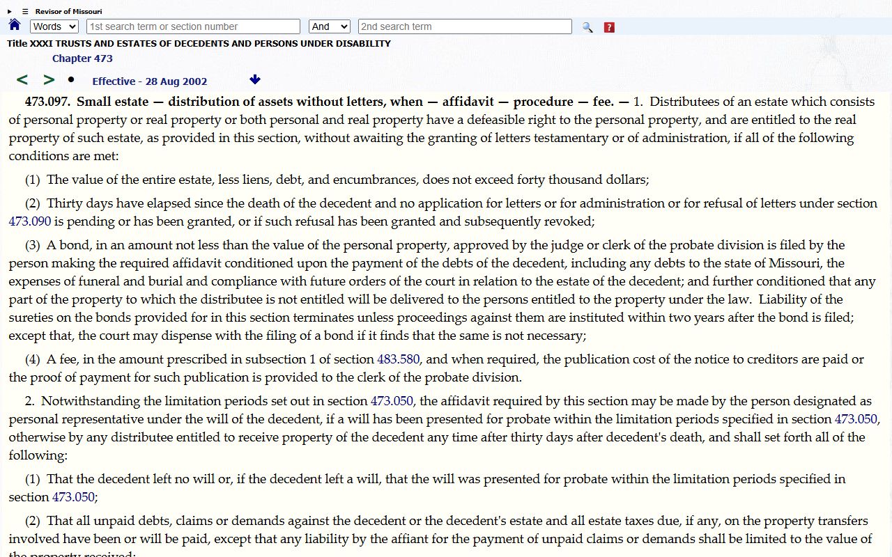 Linn County probate records RSMo 473.097 small estate statute